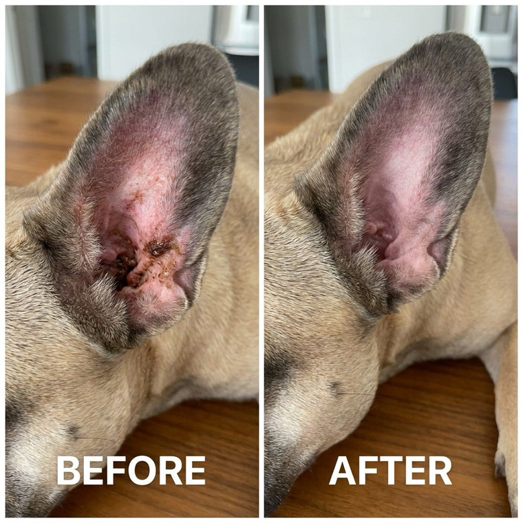 Before and after photos of Stitch, a French Bulldog, showing dark buildup in the ear before YeastGuard and clear healthy skin after