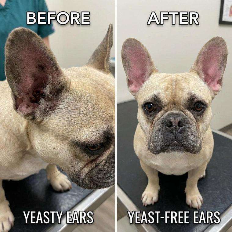 Before and after photos of Luna, a French Bulldog, head down with a dark inflamed ear before YeastGuard and bright clean ears after