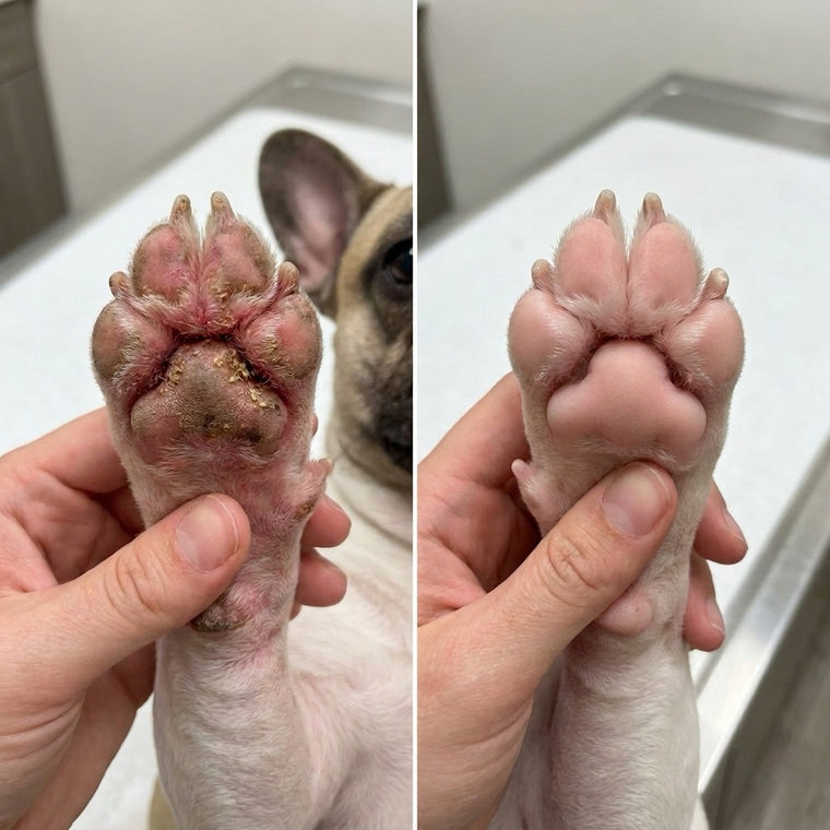 Before and after photos of a French Bulldog paw, red and crusted between the pads before YeastGuard and smooth pink pads after