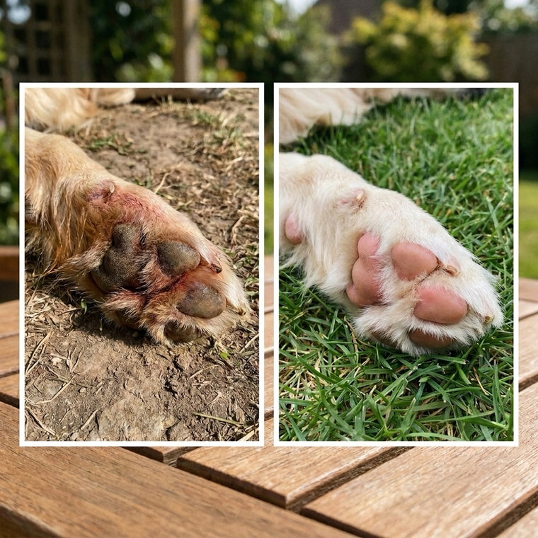Before and after photos of a Golden Retriever paw, raw and inflamed on bare ground before YeastGuard and clean and pink on grass after