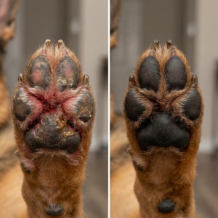 Before and after photos of a Labrador paw, angry red and crusted between the pads before YeastGuard and dark clean healthy pads after
