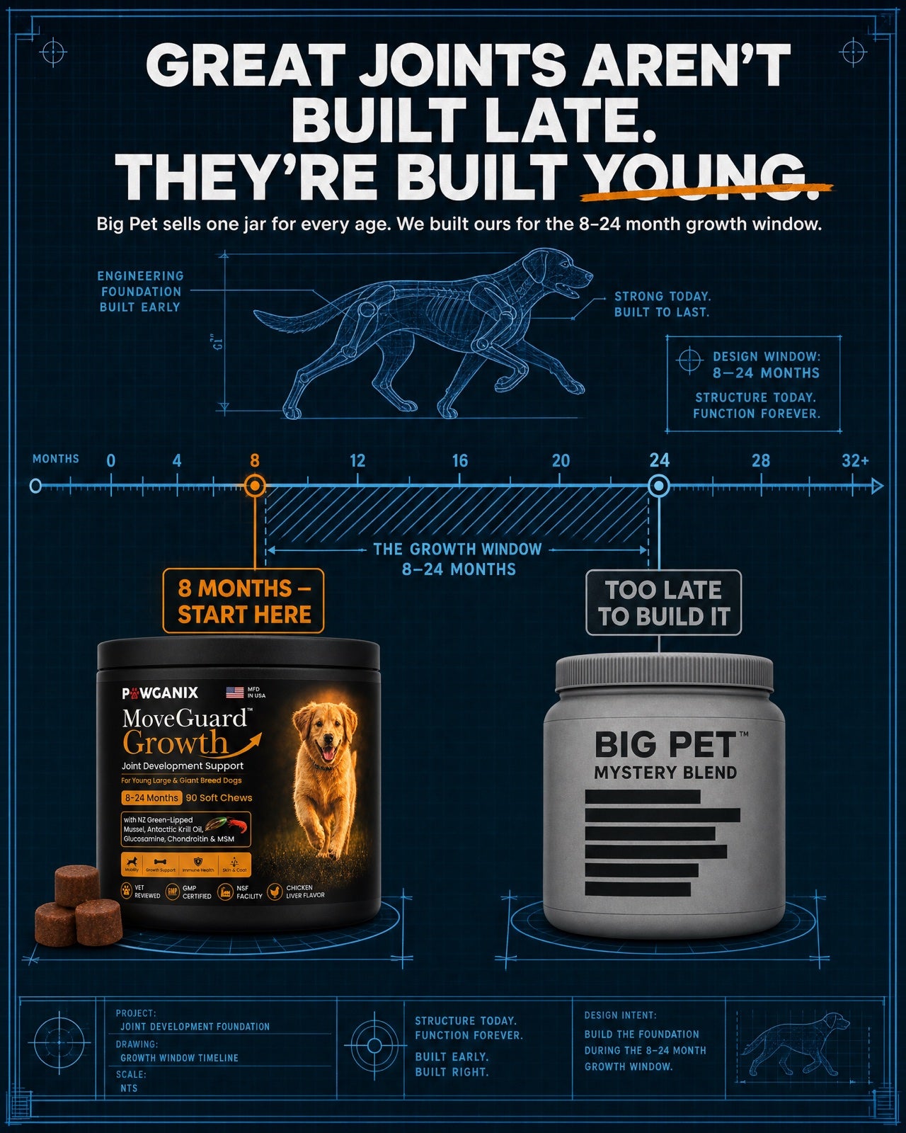 Great joints aren't built late — they're built young: MoveGuard Growth built for the 8–24 month window vs Big Pet's one-jar-for-every-age