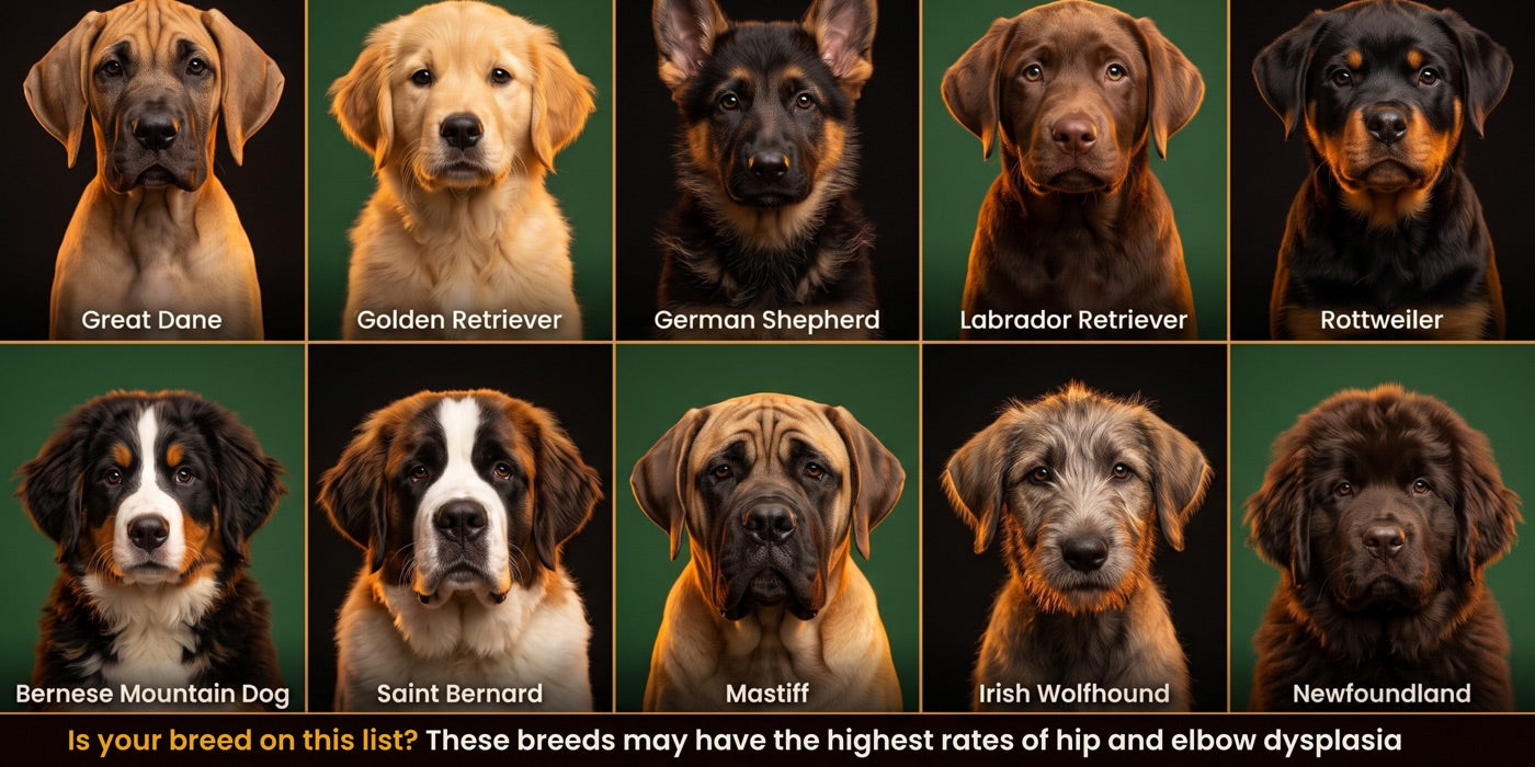 Great Dane, Golden Retriever, German Shepherd, Labrador, Rottweiler, Bernese Mountain Dog, Saint Bernard, Mastiff, Irish Wolfhound and Newfoundland