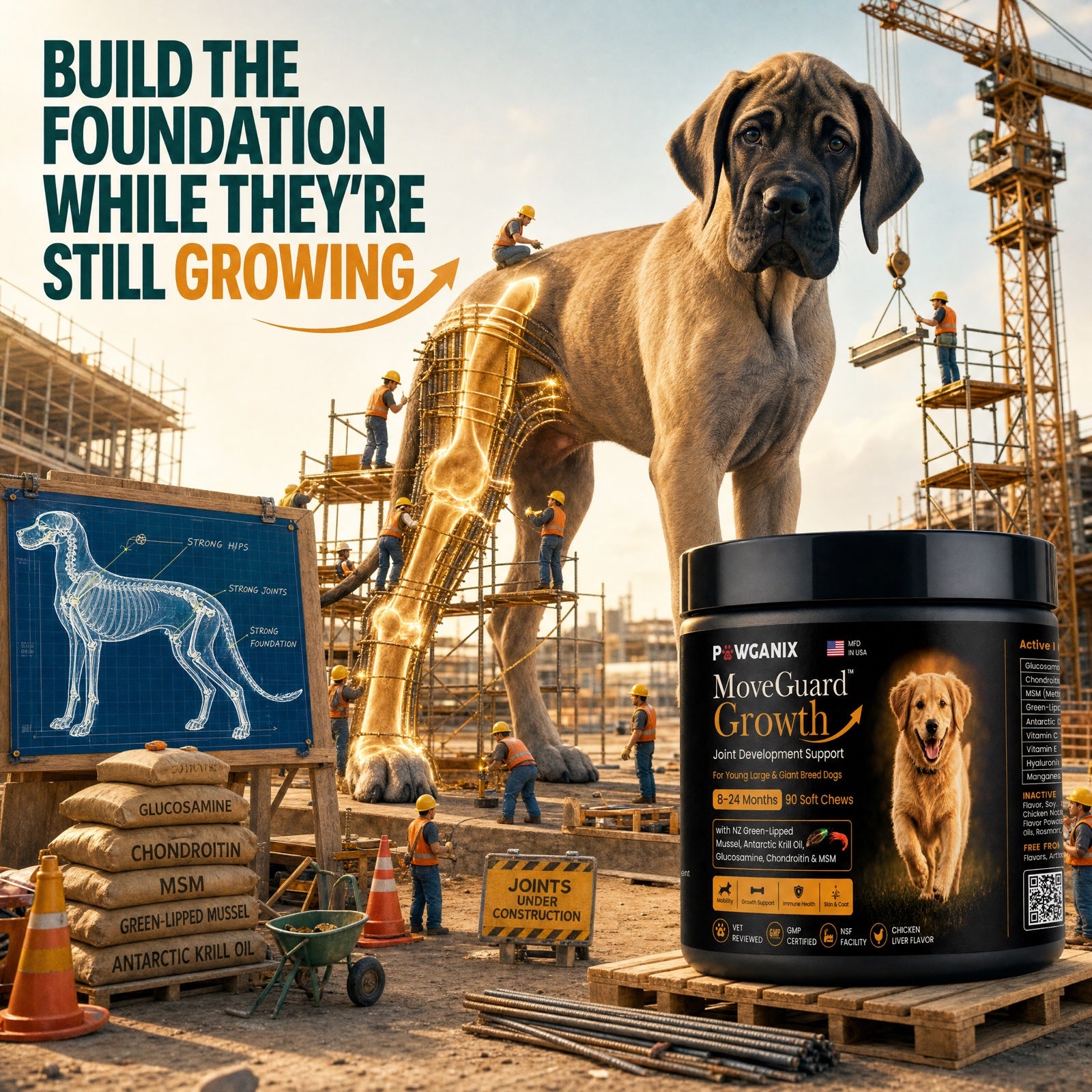 Build the foundation while they're still growing — a giant-breed puppy with its joints under construction
