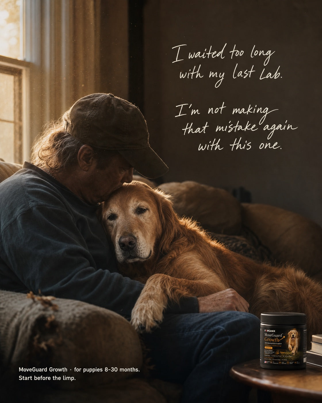 A dog parent embracing their aging golden retriever