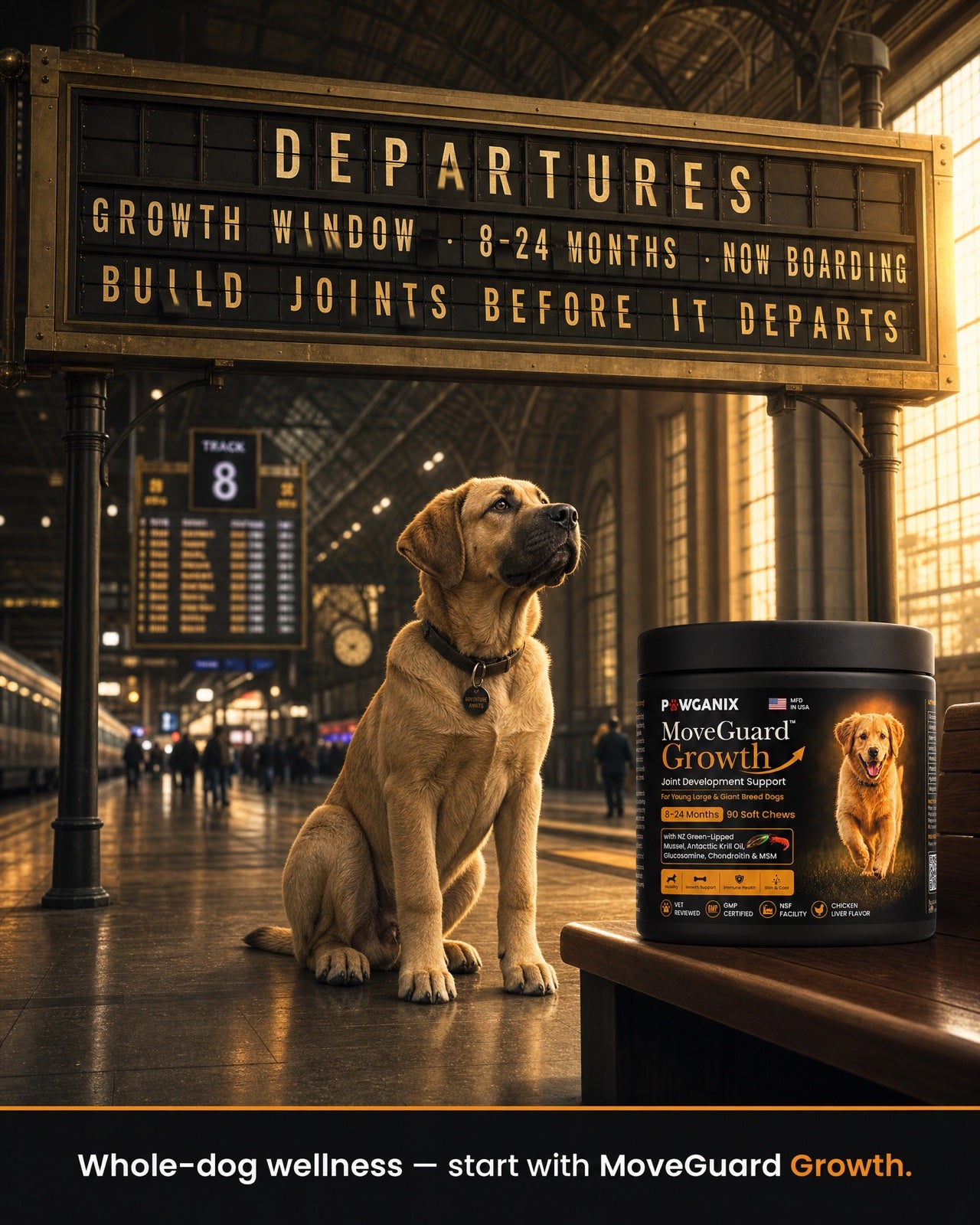 A young large-breed dog beside a jar of MoveGuard Growth beneath a station departures board reading Growth Window 8–24 Months — build joints before it departs