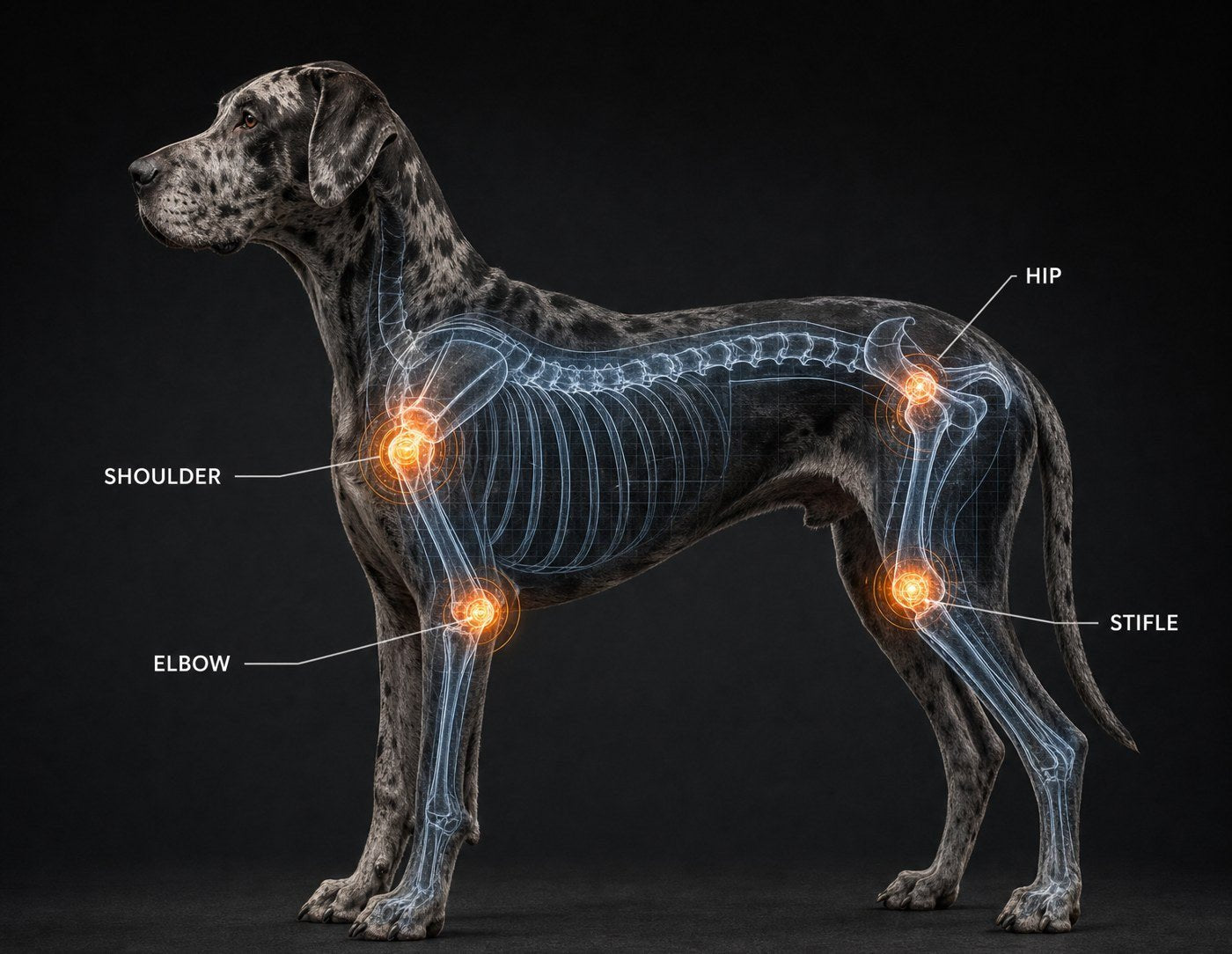 Large-breed dog shown in side profile — tap a joint to reveal the actives supporting it
