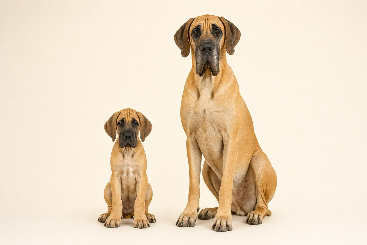 Great Dane puppy sitting beside a full-grown Great Dane on a cream studio background — the frame a big breed still has to build between 8 and 30 months.