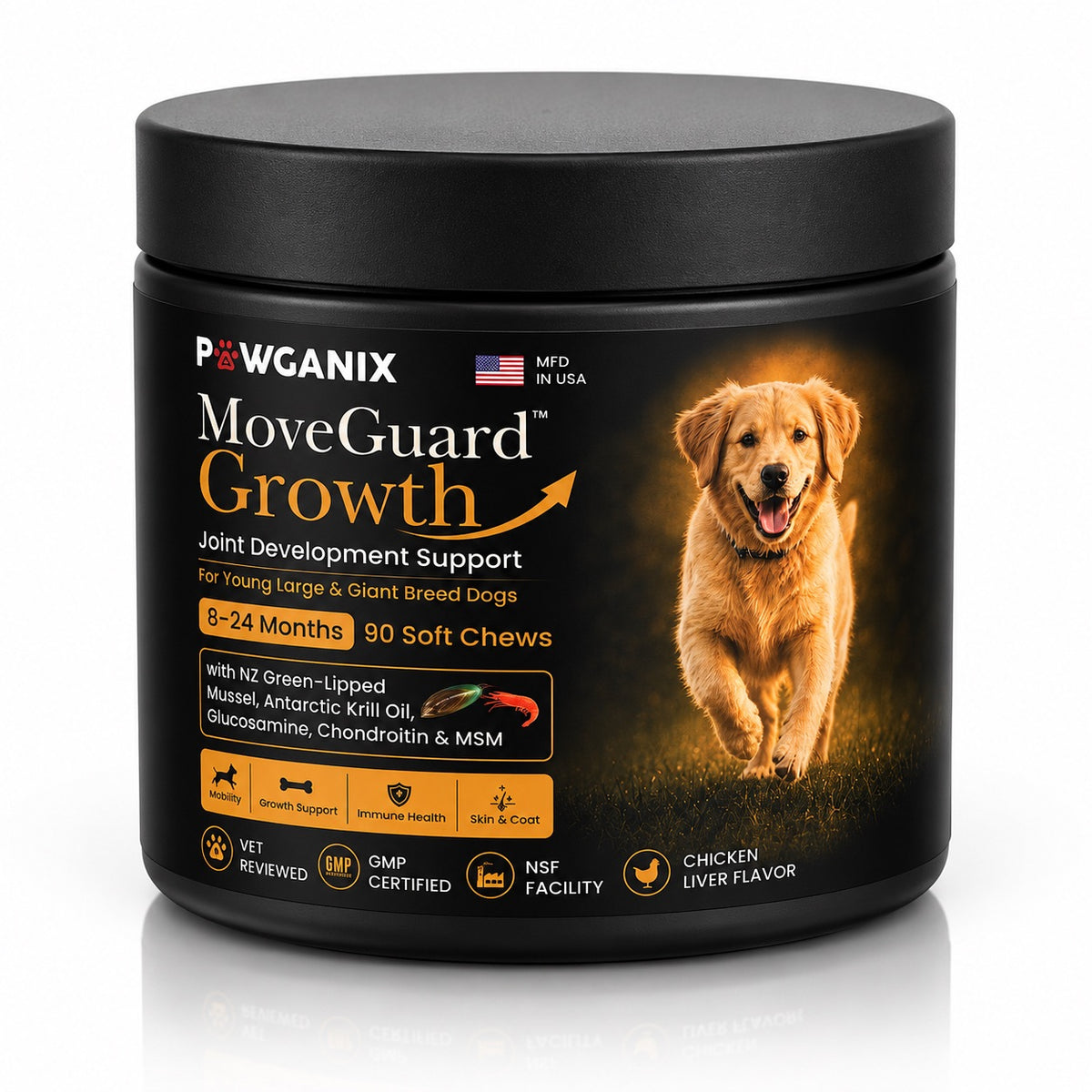 MoveGuard Growth joint supplement jar for large and giant breed puppies, 90 soft Chicken Liver chews, on a cream background.