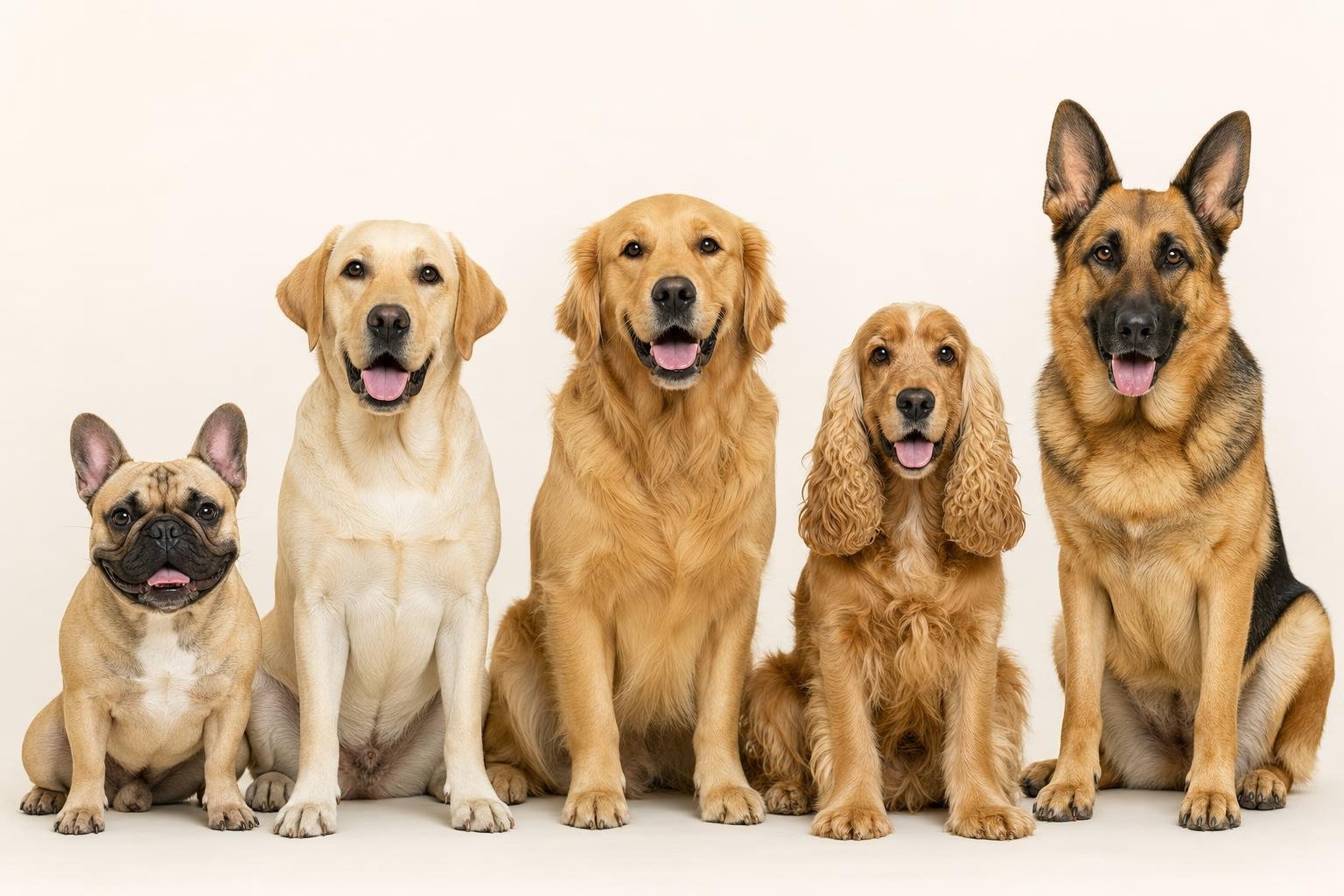 A French Bulldog, Labrador, and Golden Retriever sitting together, each mid-scratch, illustrating breeds that share a yeast-friendly skin and coat profile