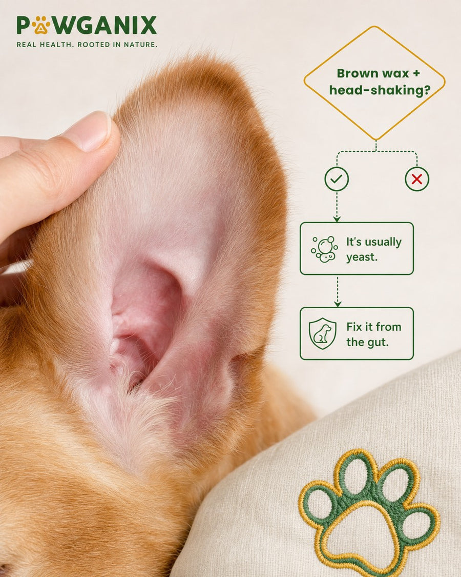 Close-up of a dog's ear showing brown waxy discharge and irritation, the common signature of yeast overgrowth in the ear canal