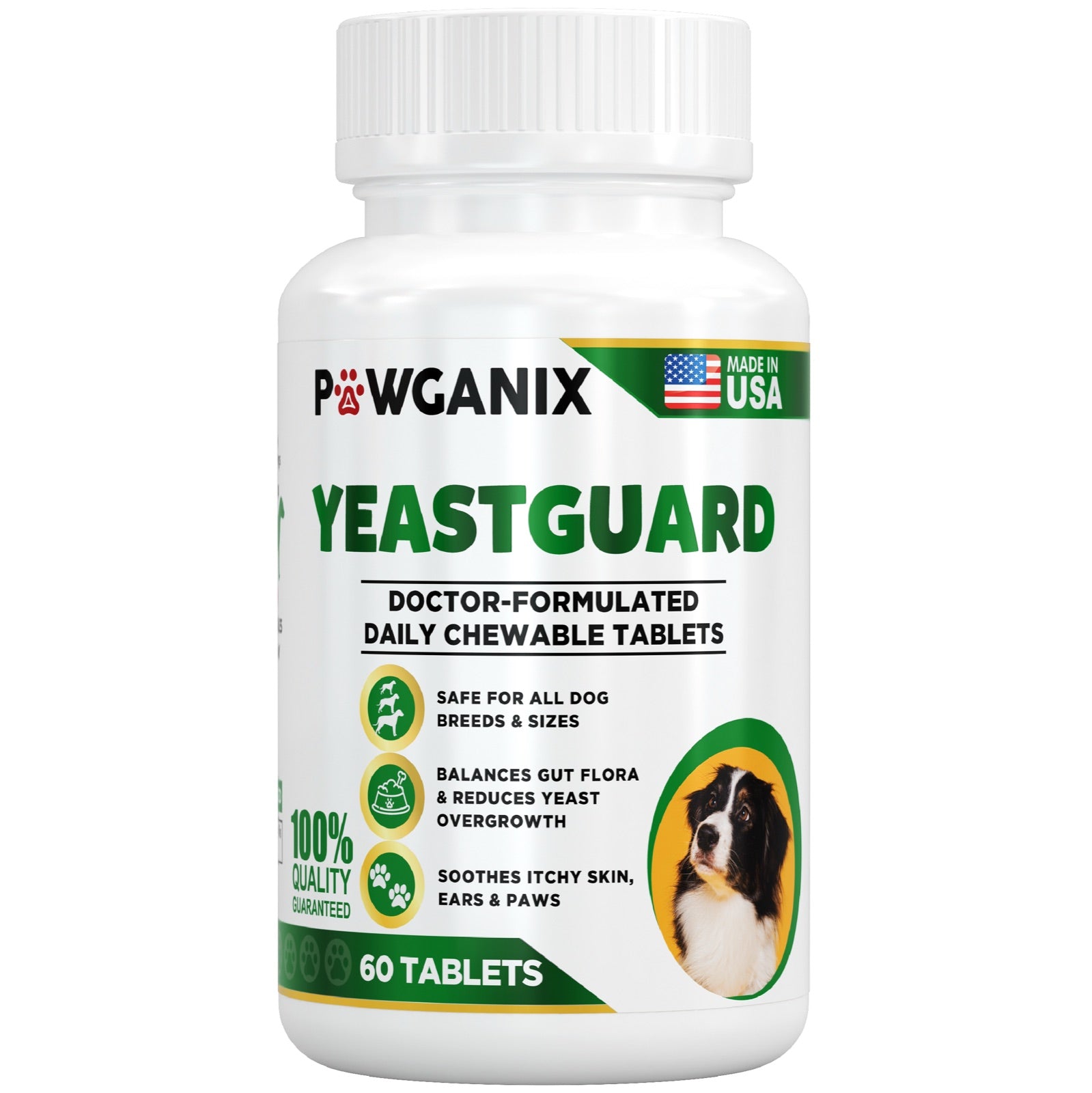 Pawganix YeastGuard bottle — the botanical-forward, fully disclosed formula behind the paw + organic ethos