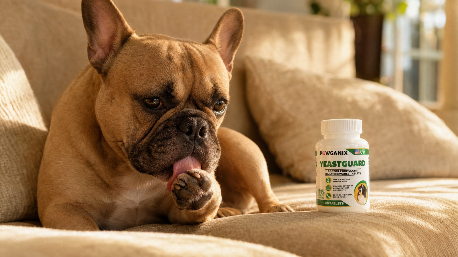 French bulldog mid-lick working at its paw on a cozy sofa in warm light, next to a YeastGuard bottle, the classic paw-licking scene