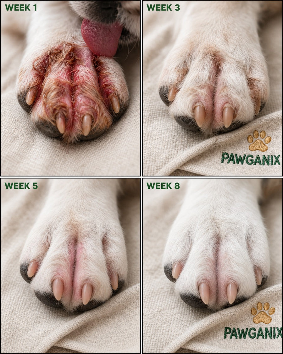 Four-stage progression of a dog's paw from red, saliva-stained and irritated toward clean and calm, illustrating the paw-licking cycle