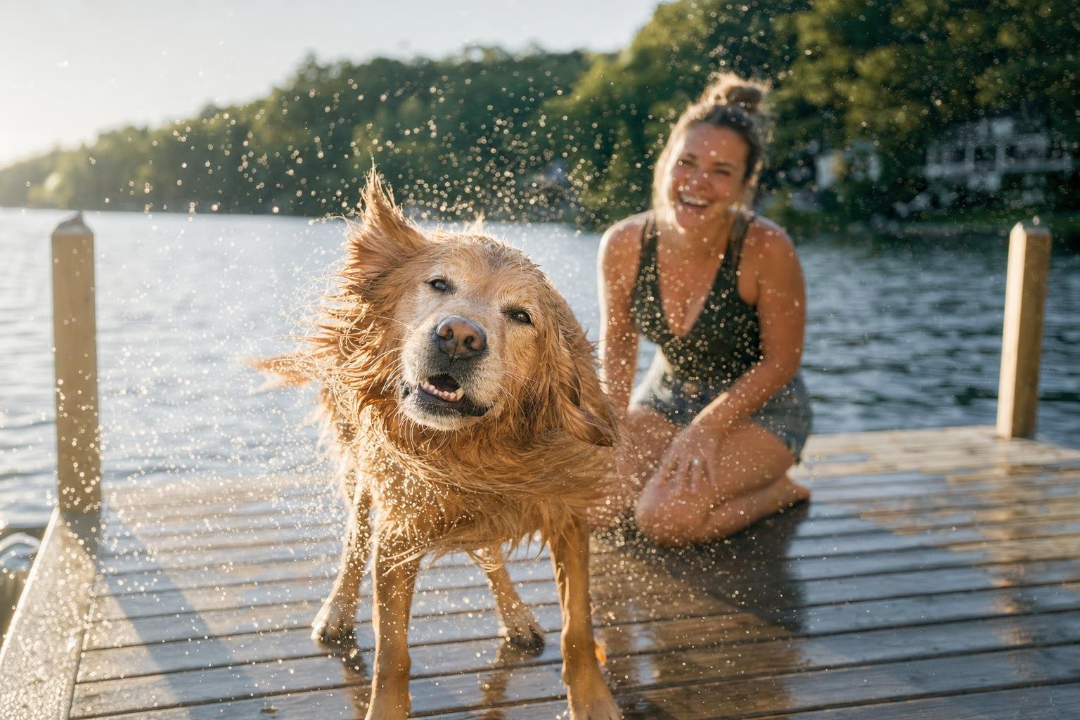 Dog shaking off water after a swim, illustrating the trapped-moisture moment yeast loves in summer