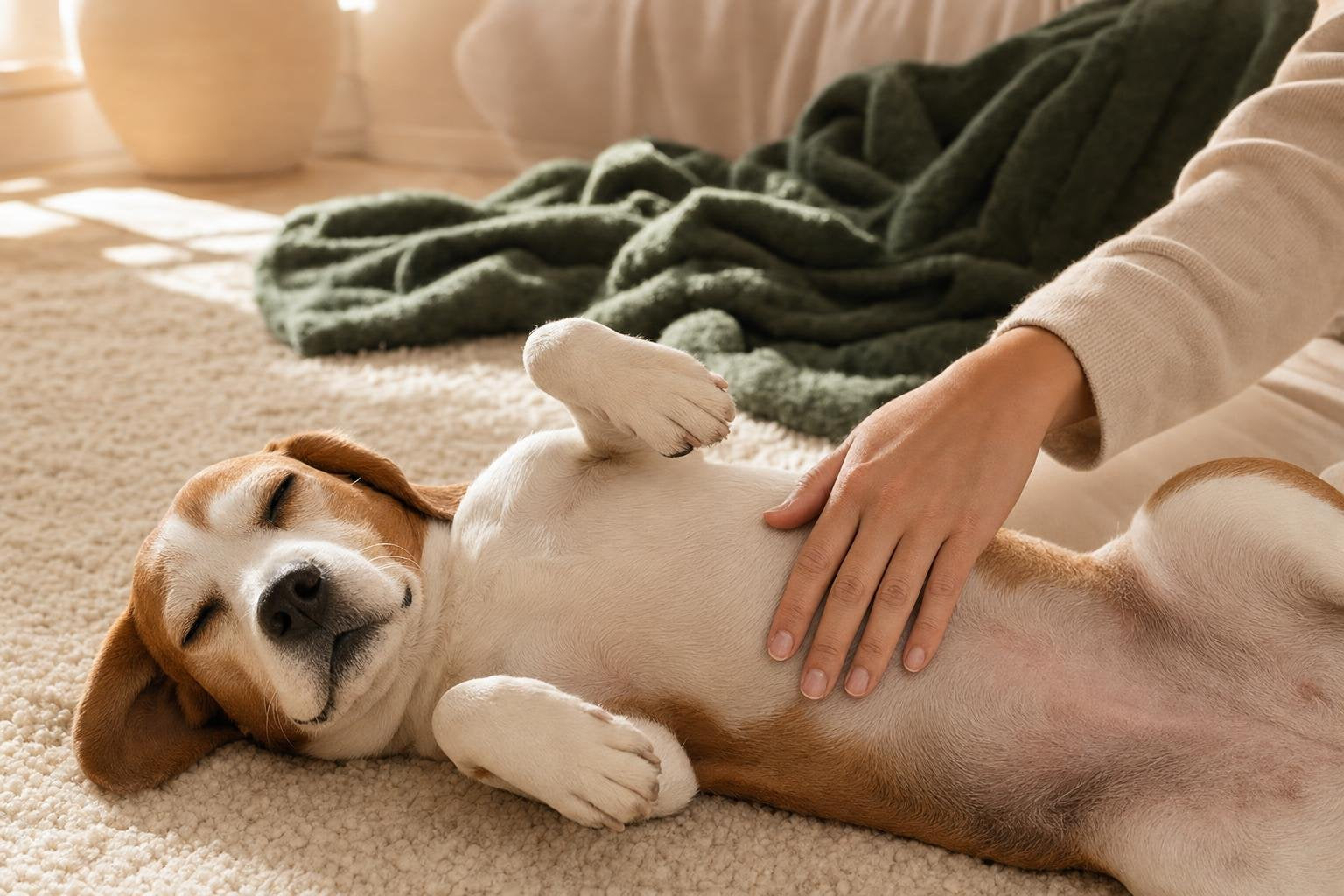 Happy, comfortable dog with a healthy coat resting calmly, representing lasting gut-to-skin balance