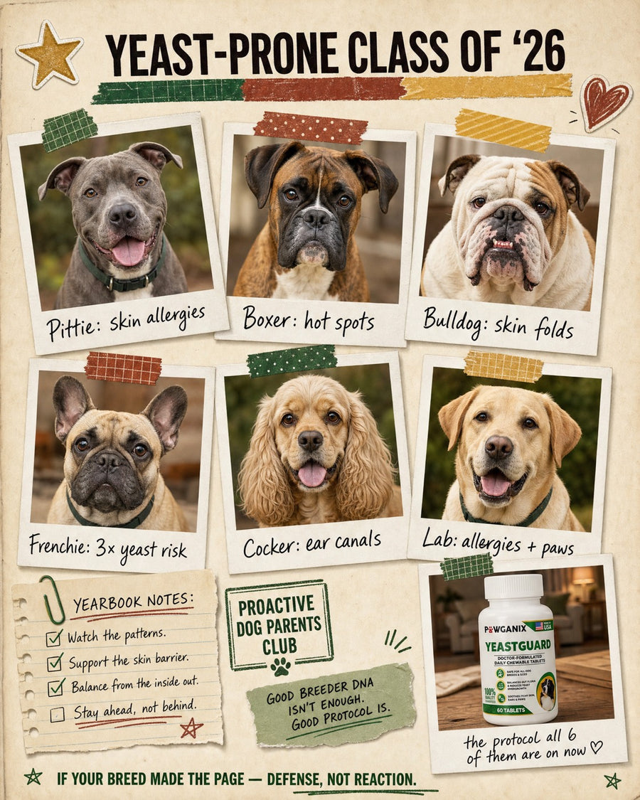 A happy pit bull with a healthy coat beside its owner — YeastGuard is a whole-dog, inside-out formula made with yeast-prone breeds in mind.