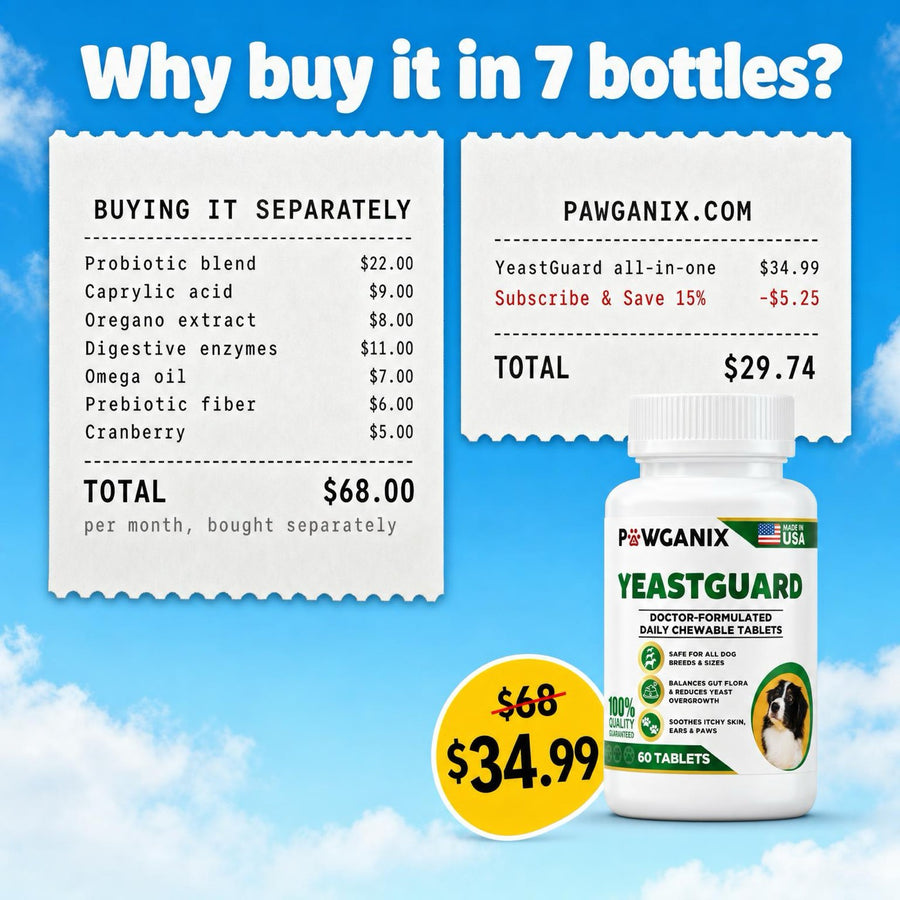 A price-comparison receipt graphic showing seven single ingredients bought separately totaling $68 a month versus one all-in-one YeastGuard bottle — the cost of the reactive, buy-it-piecemeal loop