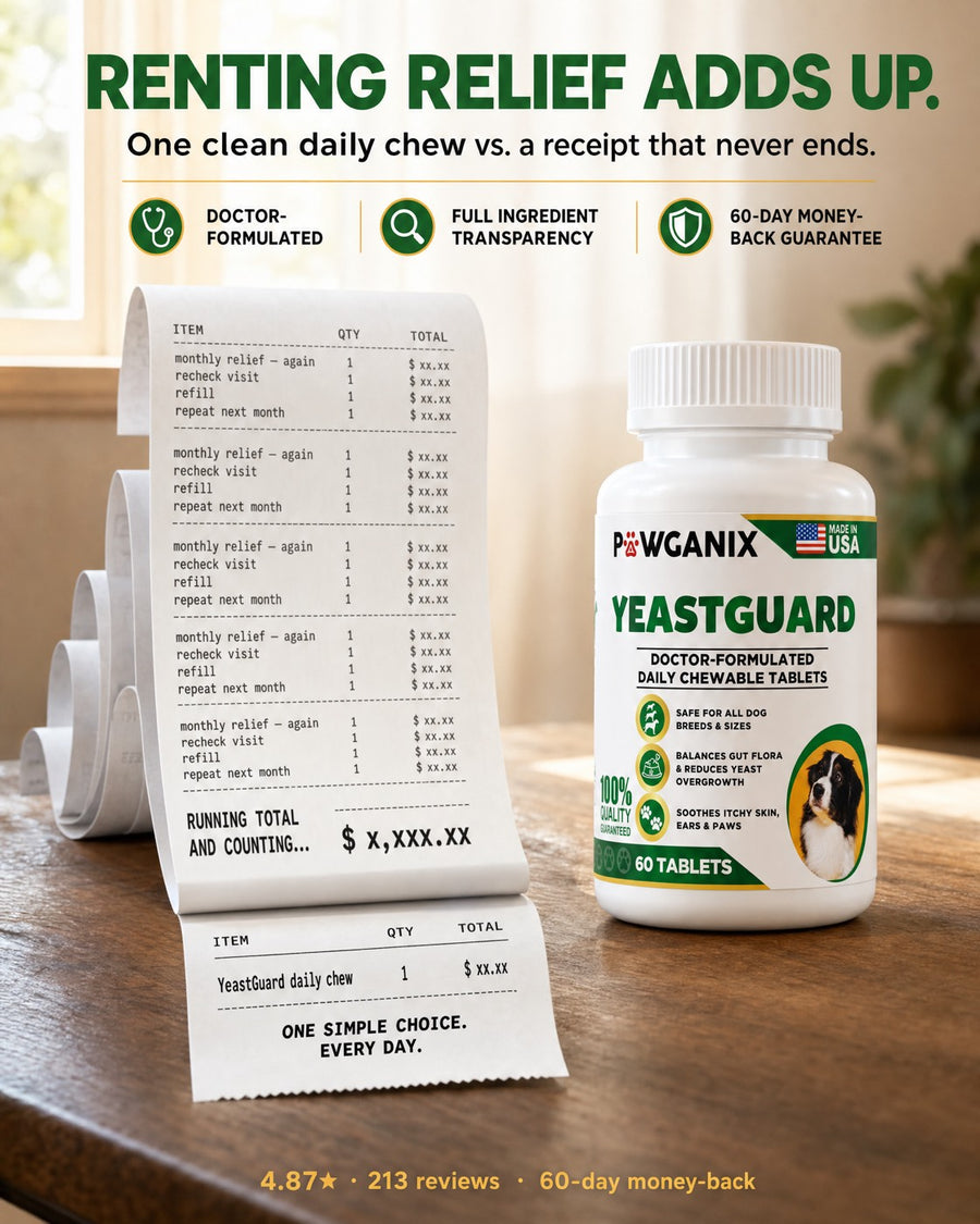 A single YeastGuard bottle beside a never-ending printed receipt of repeat vet visits, refills and rechecks — one clean daily chew standing in for the reactive spending that never stops