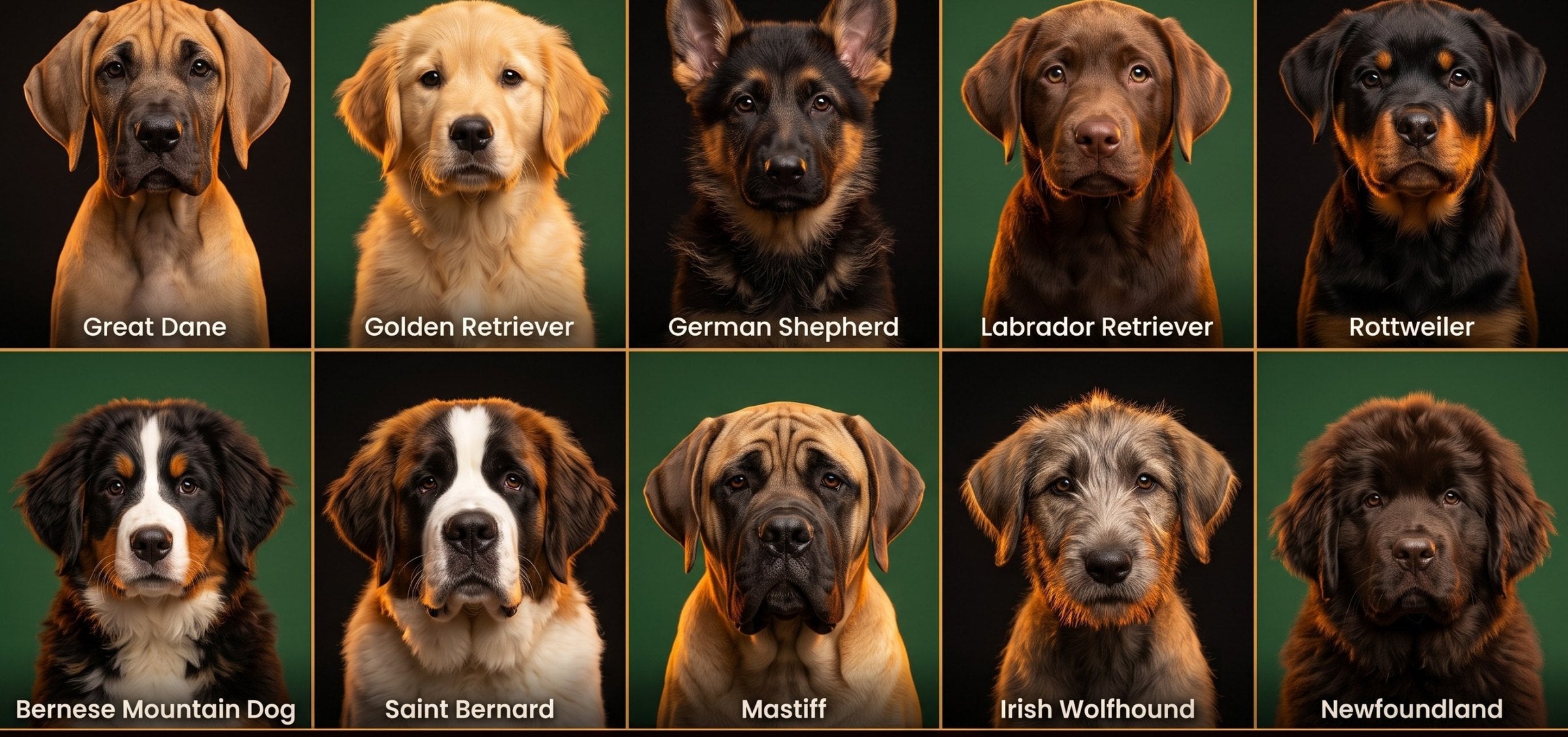 Large and giant dog breeds MoveGuard Growth is built for — Great Dane, Golden Retriever, German Shepherd, Labrador, Rottweiler, Bernese Mountain Dog, Saint Bernard, Mastiff, Irish Wolfhound, Newfoundland