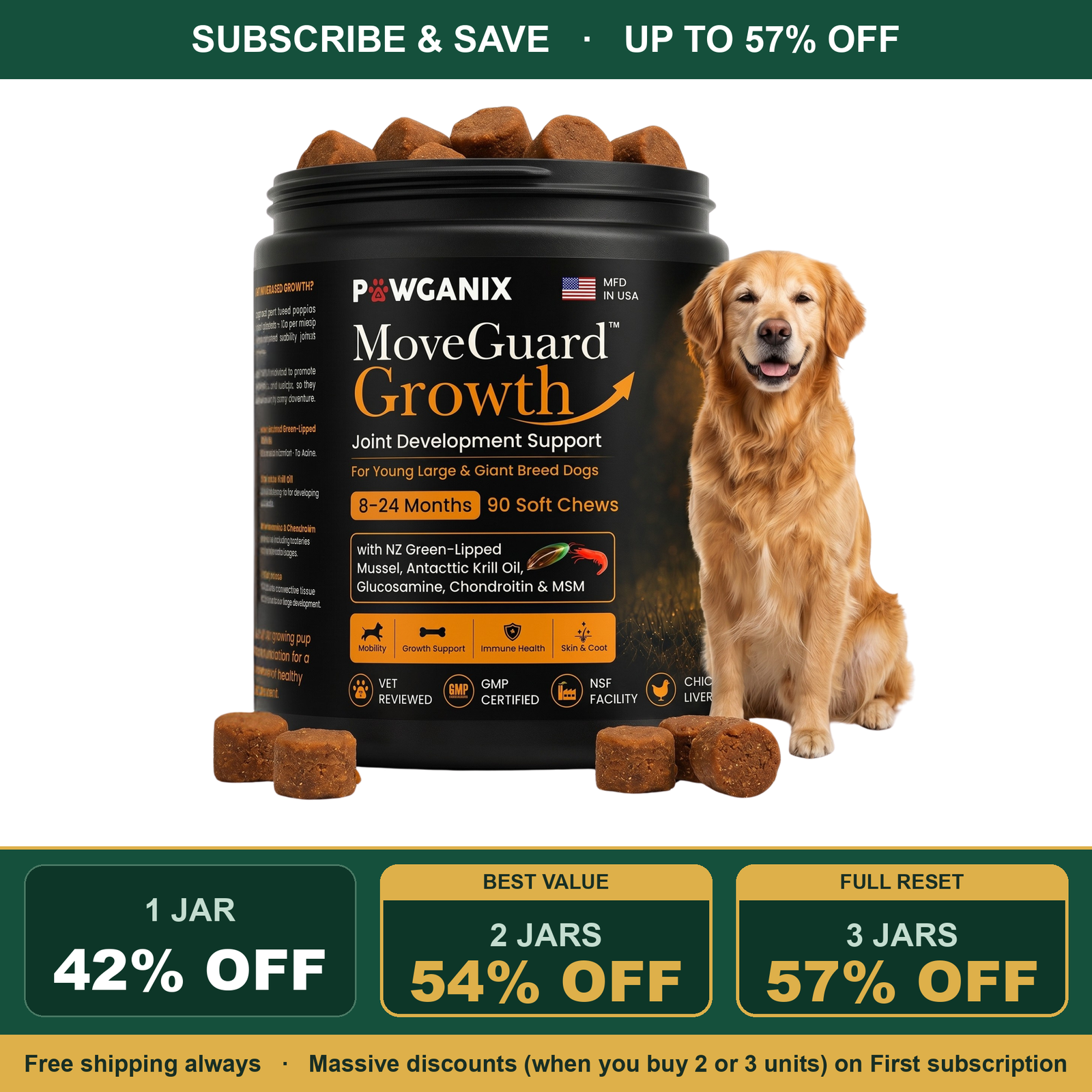 MoveGuard Growth: Subscribe & Save at $34.99 a jar, 42% off the $59.99 reference price, plus free shipping