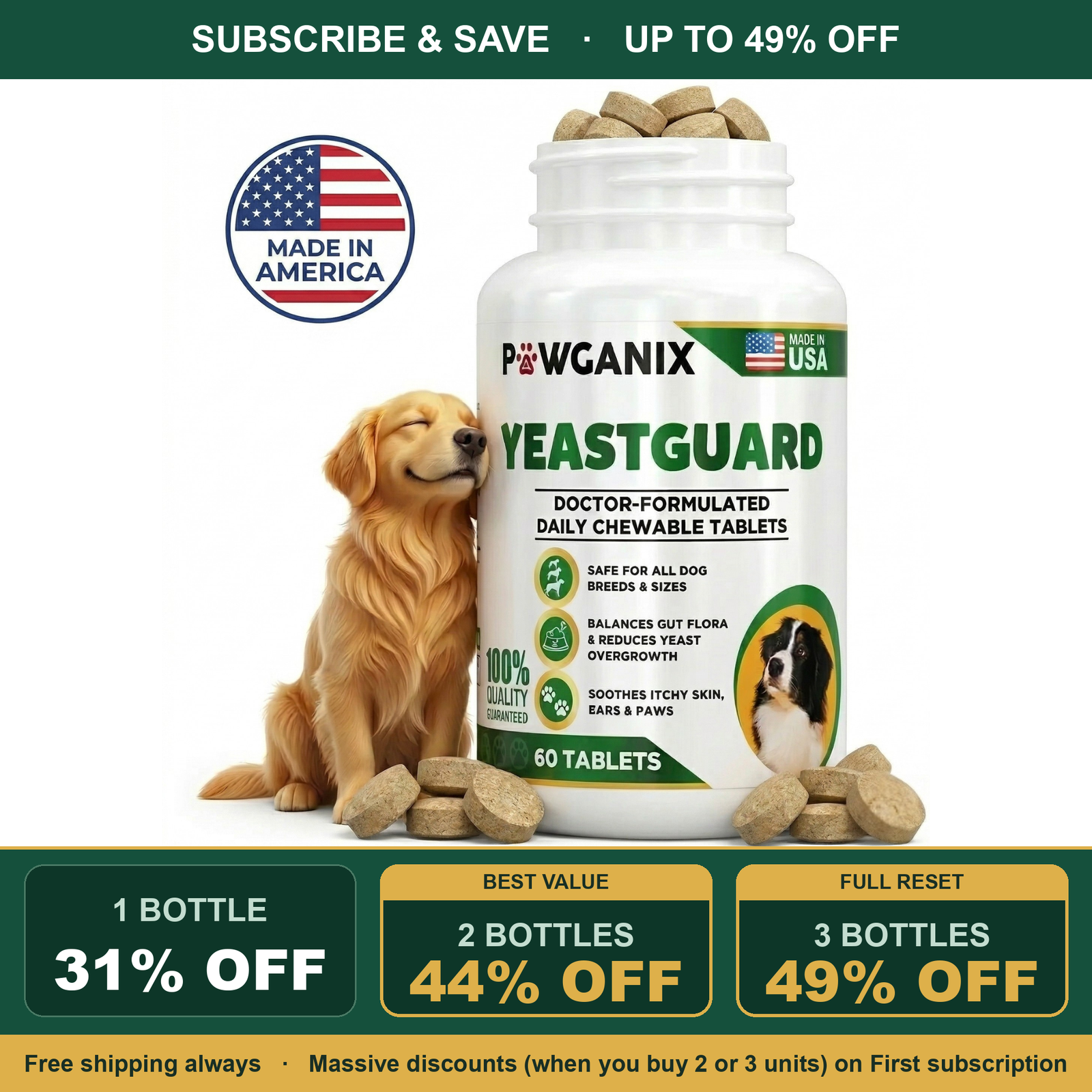 YeastGuard Dog Yeast Infection Relief  for Itchy Paws, Itchy Ears & Itchy Skin, Antifungal skin & coat supplement, 10 Active Ingredients, Chicken Liver Flavor