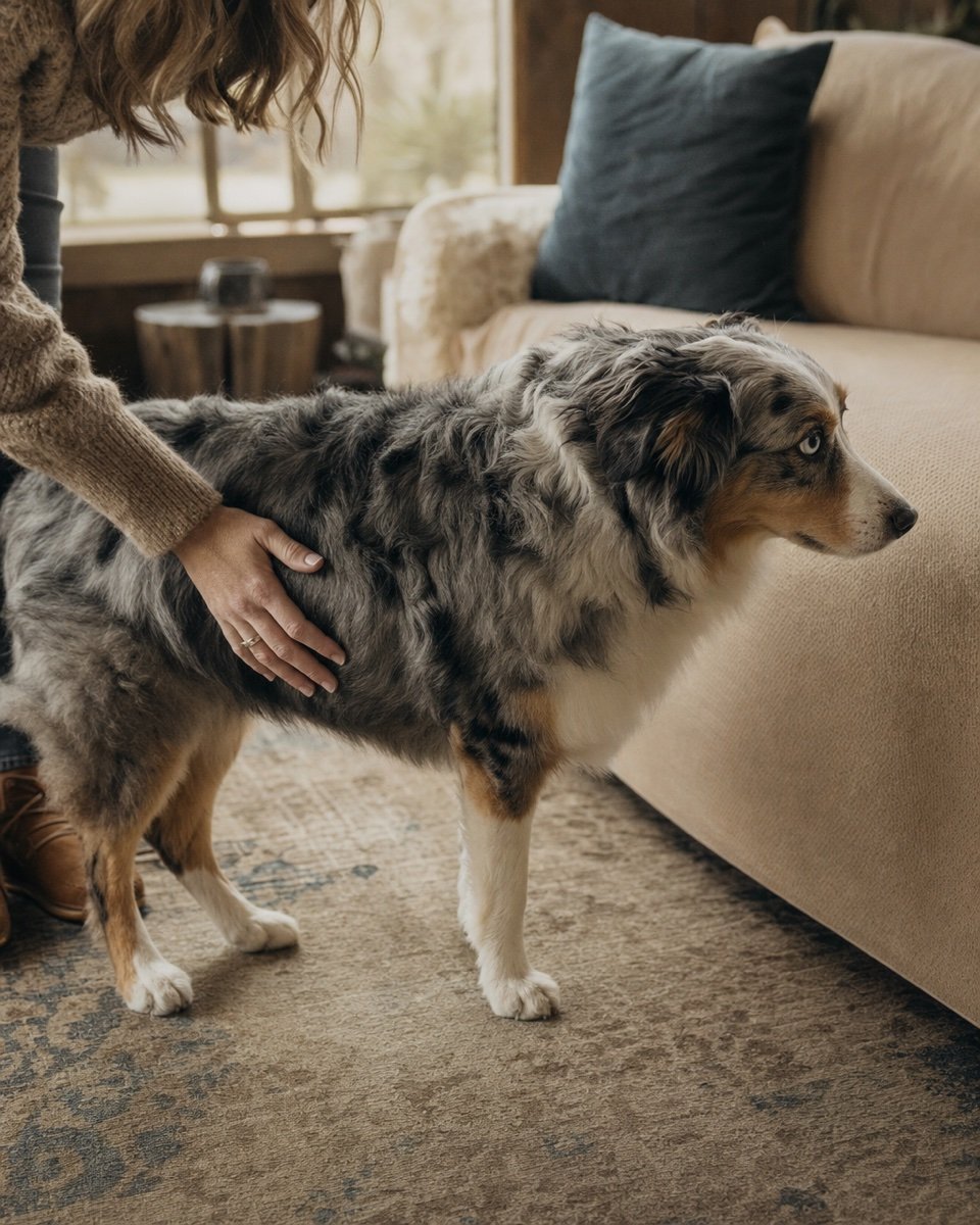 Australian Shepherd pausing carefully by the couch
