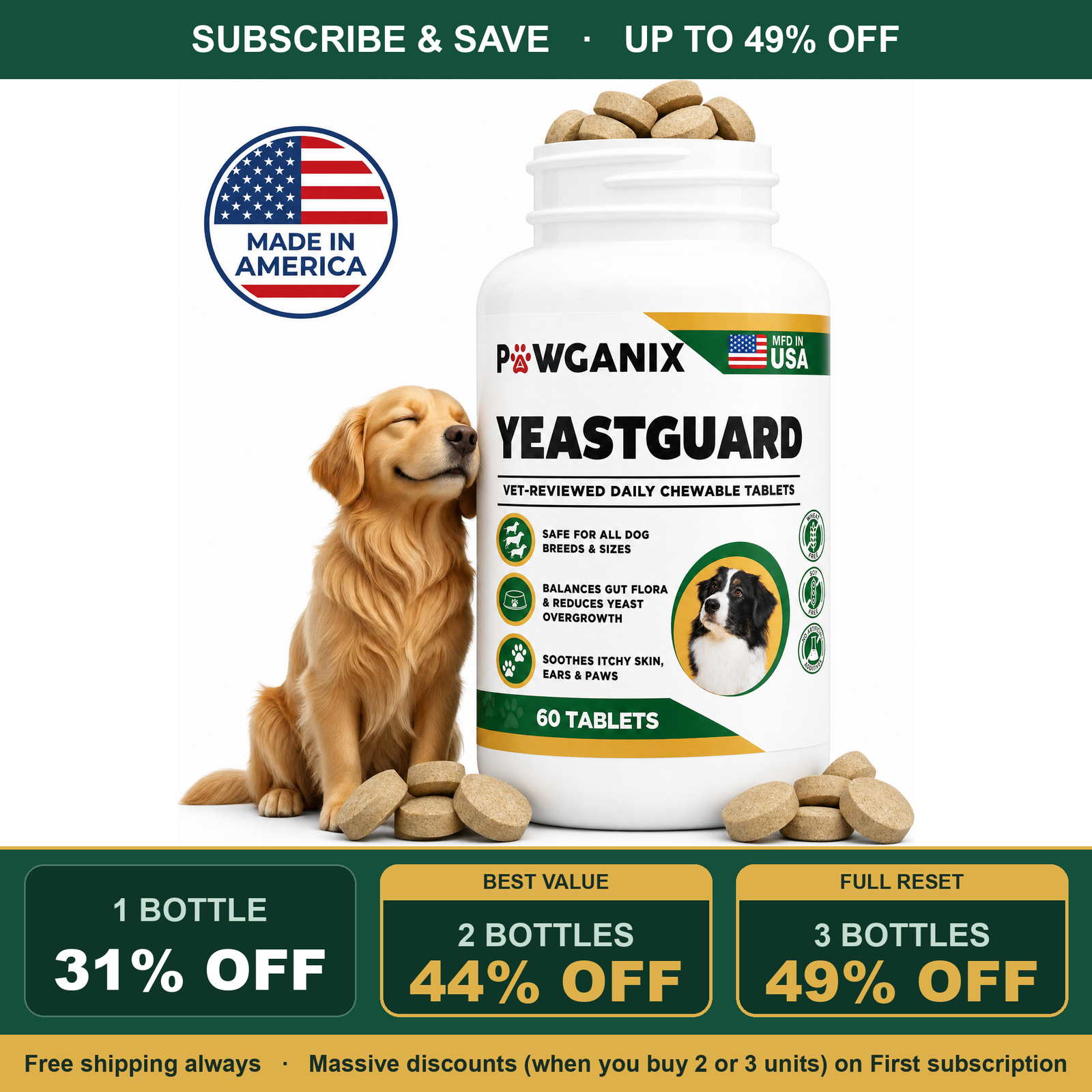 YeastGuard Skin & Coat Supplement for Dogs, Itchy Paws, Ears & Skin Support, 12 Actives, Chicken Liver Flavor